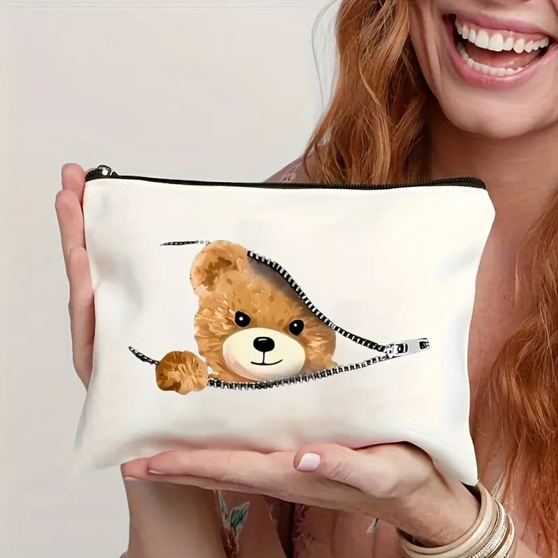 Borsa per il trucco con illustrazione a tema orso con cerniera, 1 pezzo - Pochette multifunzionale con cerniera per donna, borsa porta gioielli, organizer da viaggio perfetto, divertente regalo di compleanno