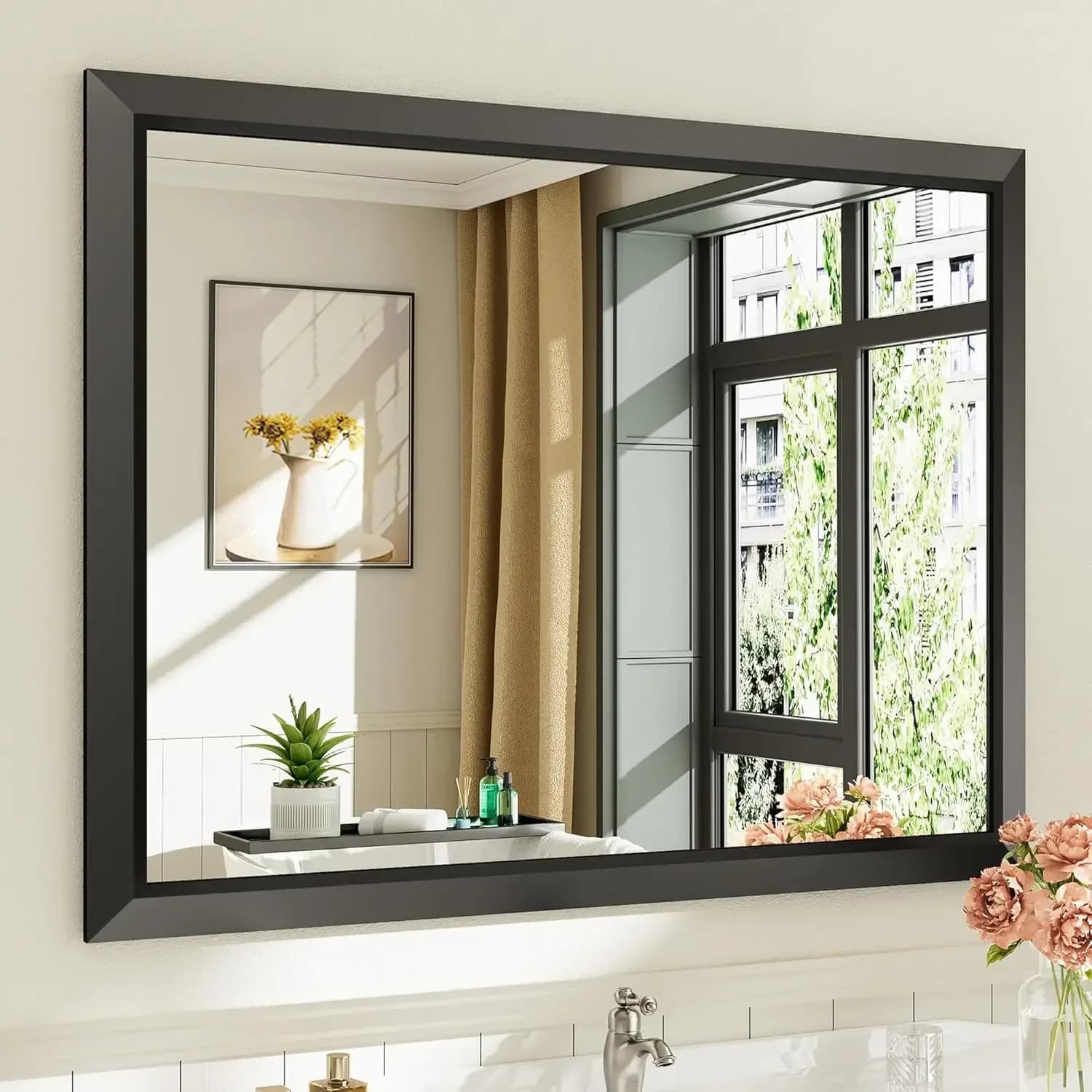 Specchio da Bagno Nero 40x30 Pollici per Parete, Specchi Rettangolari con Cornice in Metallo Spesso per Sopra il Lavabo, Camera da Letto, Soggiorno, Ingresso, A