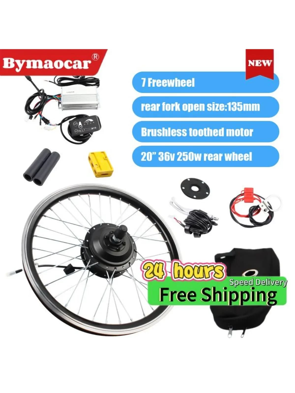 Kit di conversione bici elettrica da 20 '' Ruota posteriore 36V 250W V Freno/freno a disco Display a LED Kit di conversione mozzo bicicletta per bici da 20"