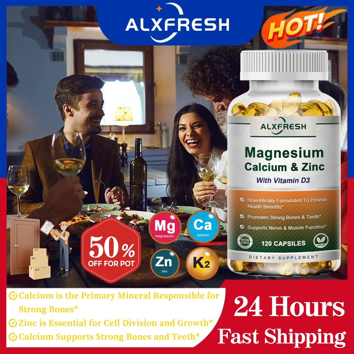 Integratore Alxfresh di Calcio, Magnesio, Zinco e Vitamina D3 per Supporto Immunitario e Fortificazione delle Ossa, Capsule per la Salute delle Articolazioni