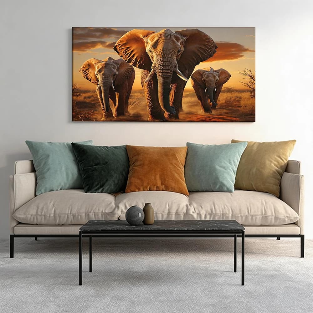 Painted on canvas with large wooden frame, 1 piece, Elephants in the African sunset.