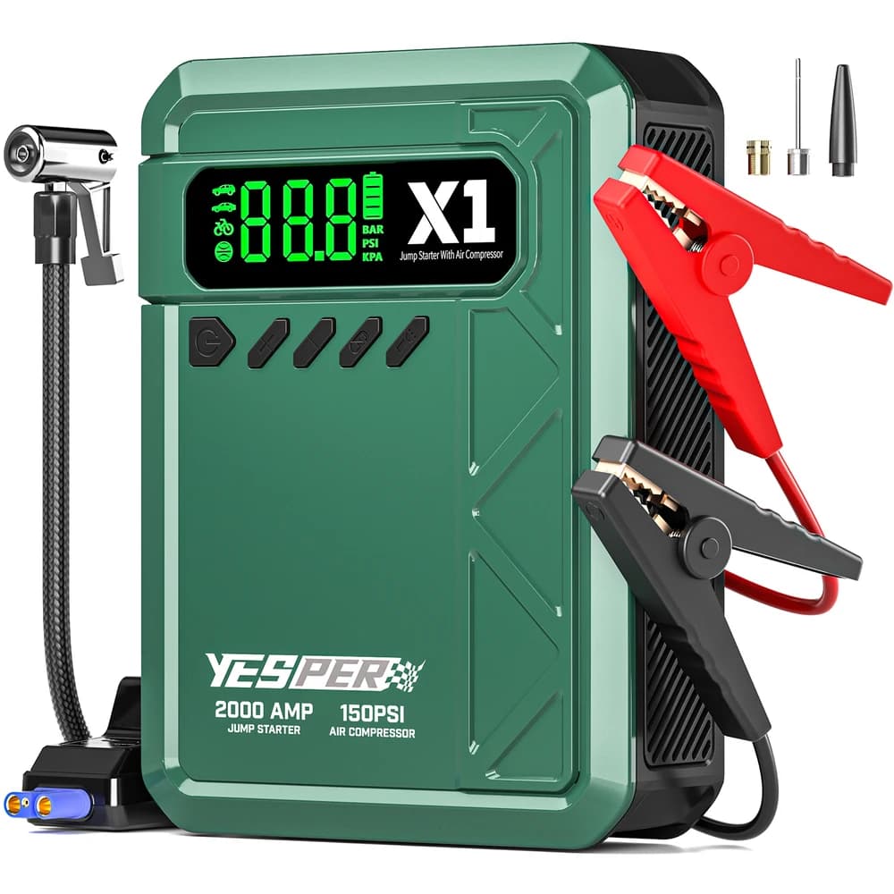 YESPER 2000A Avviatore di Emergenza con Compressore d'Aria 150PSI, Avviatore Portatile per Batterie Auto 8L Benzina/6L Diesel, 12V con Display LCD