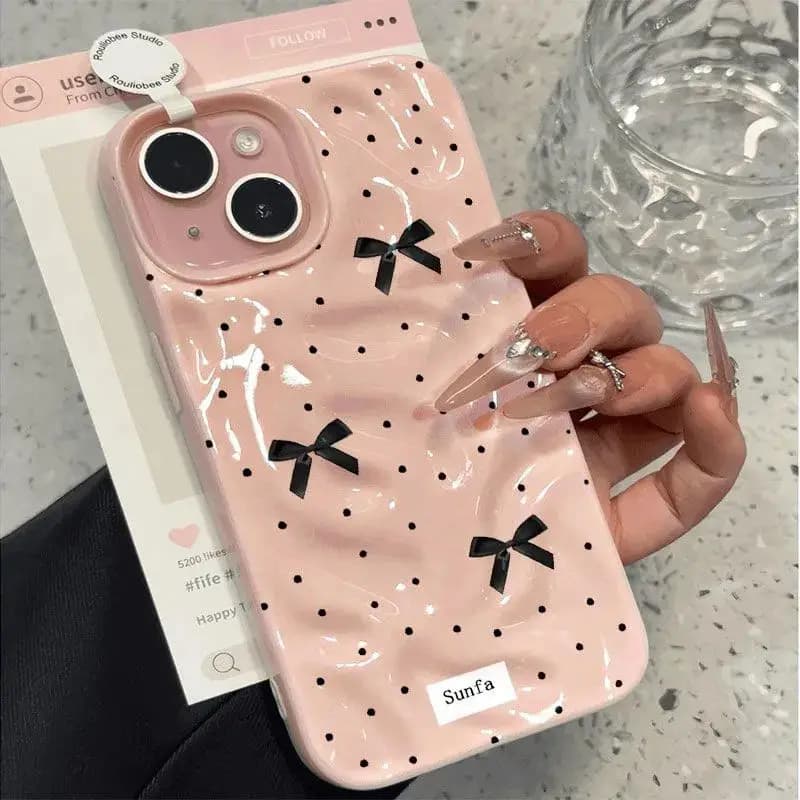 Black Bow Knot Folds Texture Phone Case For iPhone 16 15 14 Plus 13 Pro Max 12 Pro 11 Shockproof Fashionable Soft Cover Cases
