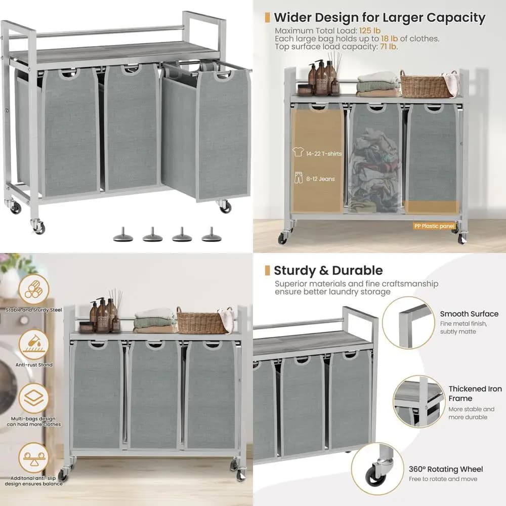 Basket 3 compartments with Wheels, Foldable Basket for Clothes, Ideal for Laundry, Bathroom or Bedroom (Grigio)