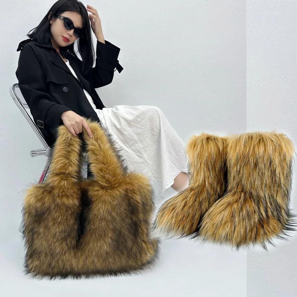 Women's Winter Boots Mid Length Warm and Fashionable Snow Boots Fur Boots with Large Flat Bottom Women's Bags Set of Fur Bags