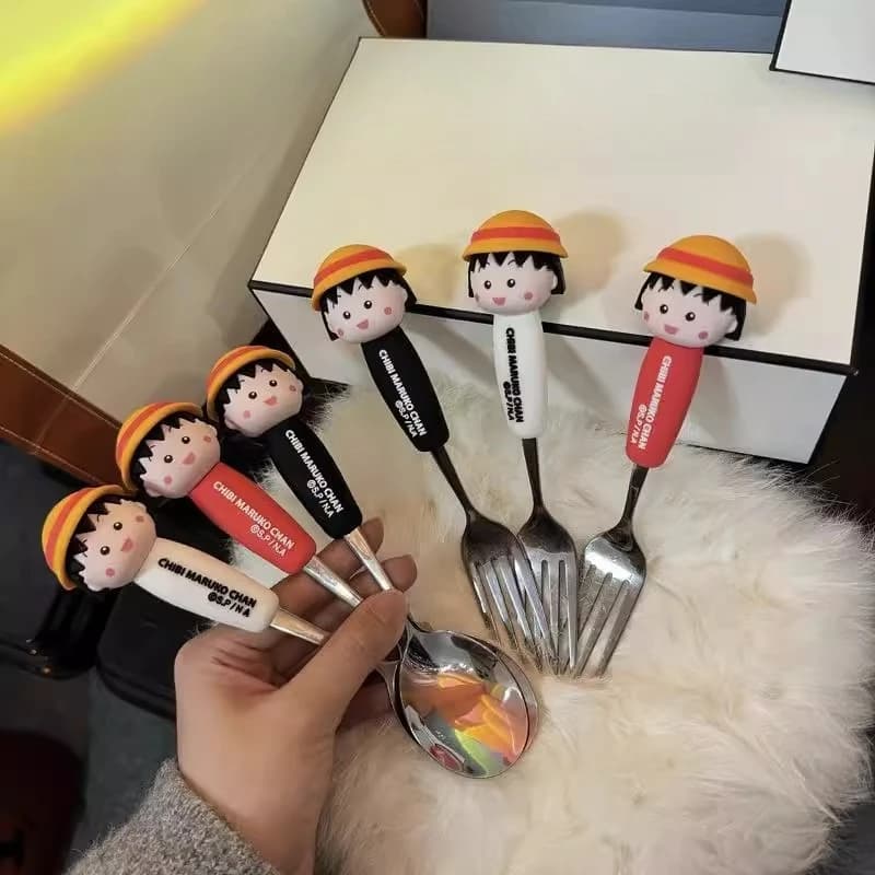 New Cute Cartoon Chibi Maruko Chan Anime Peripheral Tableware Student Stainless Steel Spoon Cute Portable Spoon Fork Household