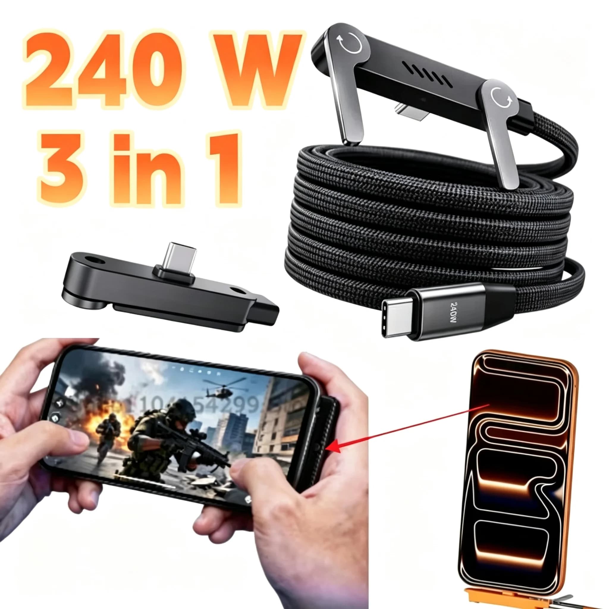 240W 2 in 1 Invisible Stand Folding Phone Holder Fast Charging Data Cable for Iphone 15 16 17 Pro Max for Videos Usb C To Usb C