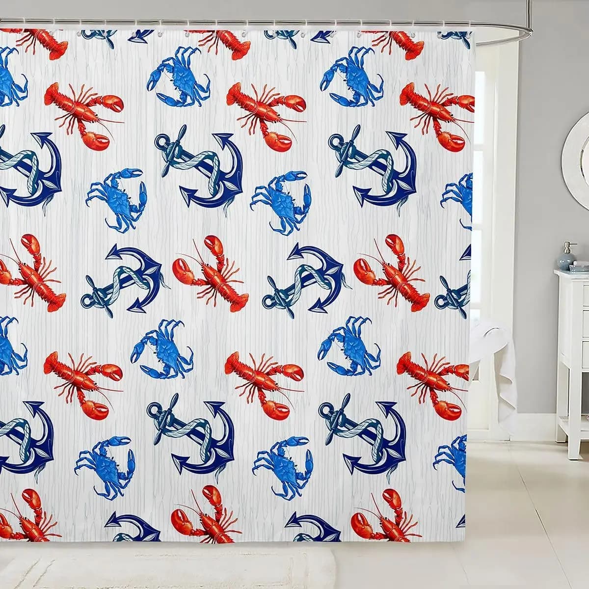 Tenda da doccia impermeabile con motivo nautico a forma di ancora di aragosta 180x180 cm - Divertente tenda da bagno in tessuto a tema marino per bambini e adulti