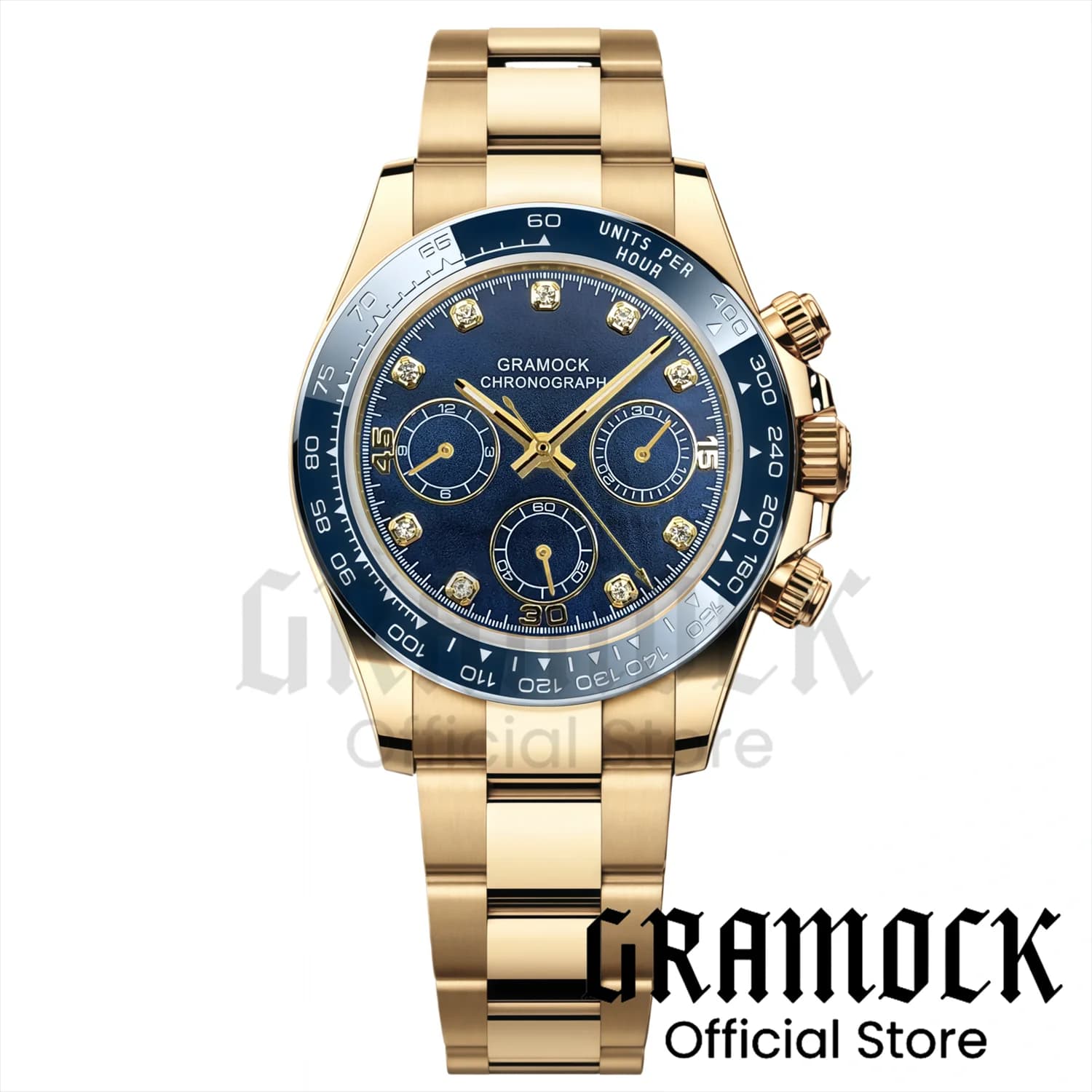 Gramock 39MM Dark Blue Ceramic Bezel VK63 Chronograph Quartz Watch Bead Dial With Diamonds Polish Strap Men's Watch Waterproof
