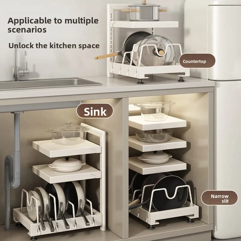 Adjustable Kitchen Pot Rack Multilayer Floor Cabinet Countertop Organizer Space Saving Cookware Holder Under Sink Storage Shelf