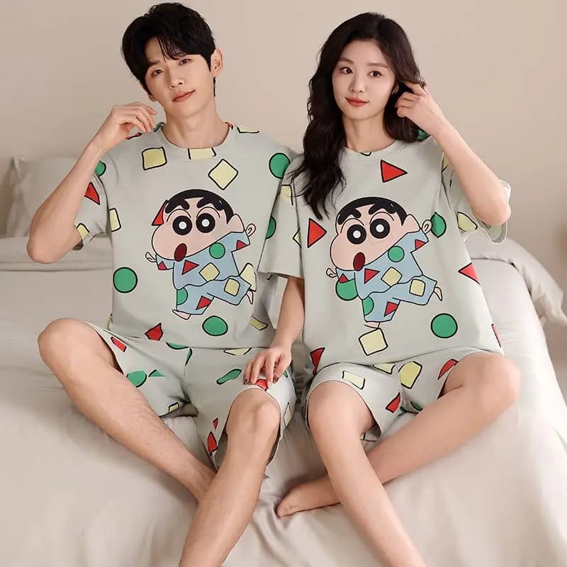 2026 New Summer Style Round Neck Couple's Pure Cotton Short Sleeved Shorts Crayon Shin Chan Pajamas Home Clothes Be Worn Outside