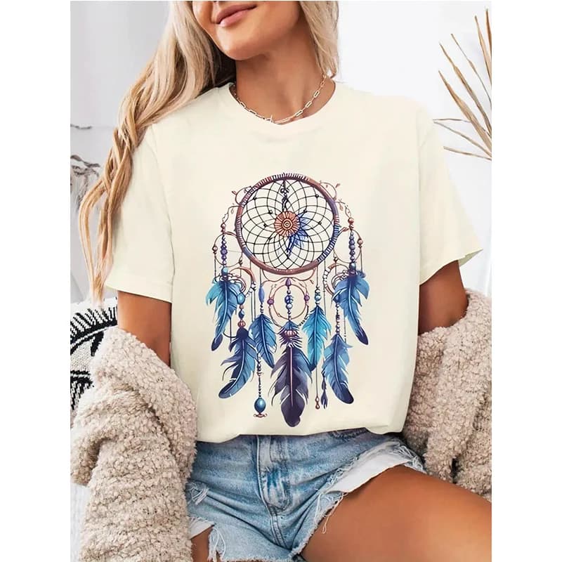 Bohemian and Bead Print T Shirt Women's Causal T-shirt with Dreamcatcher Design Graphic Vintage Tees Tops Clothes
