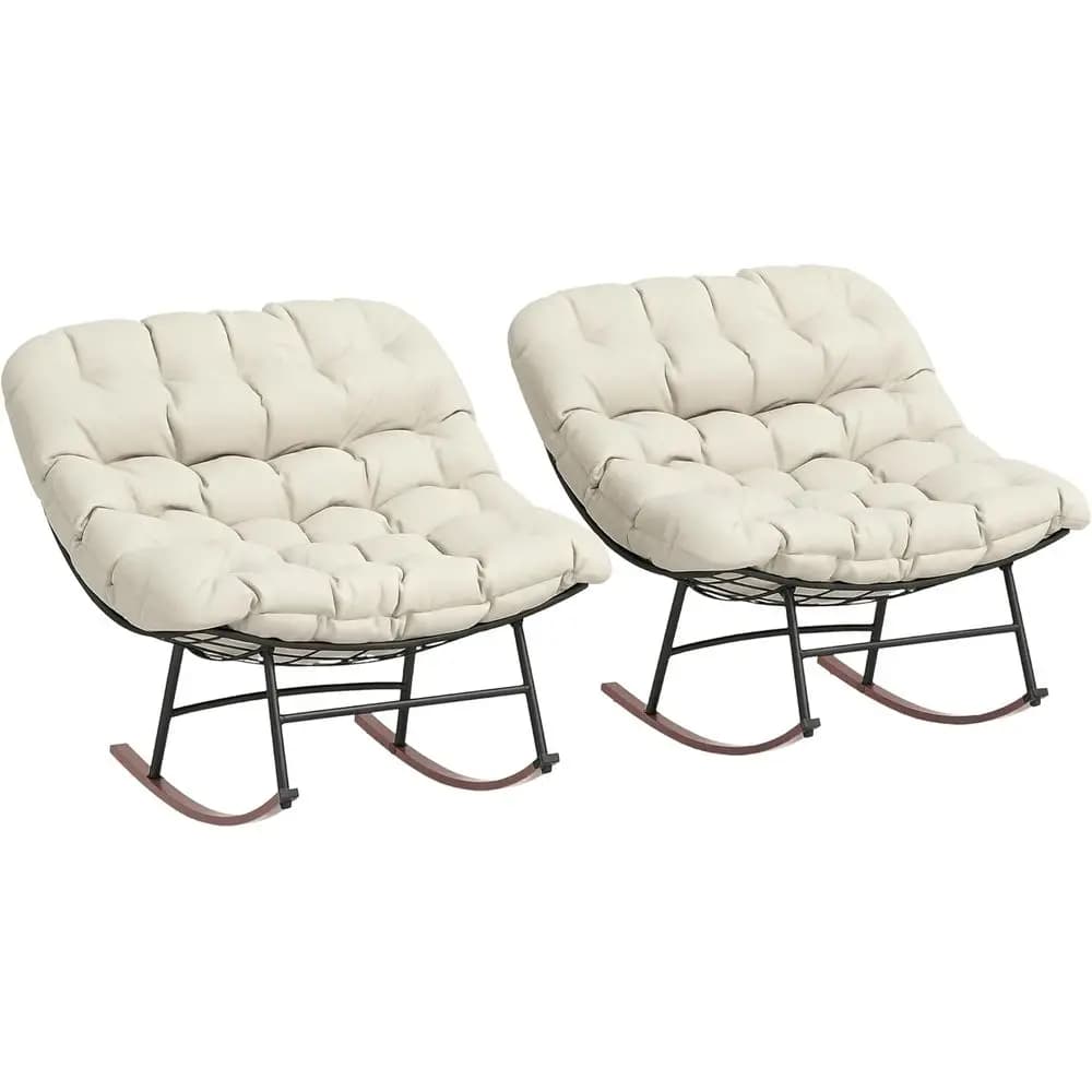 Set di 2 sedie a dondolo oversize con cuscini, struttura in acciaio, comode sedie a dondolo da esterno per patio, giardino, beige