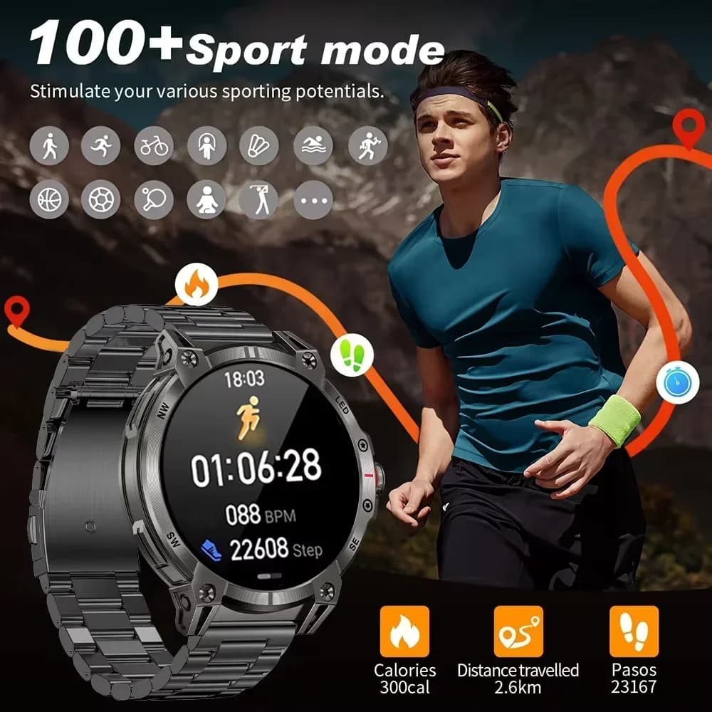 Smartwatch for Open Sports with Compass, Cardiaca and Oxygen Frequency Monitoring in Blood, BT, SOS, Waterproof IP68