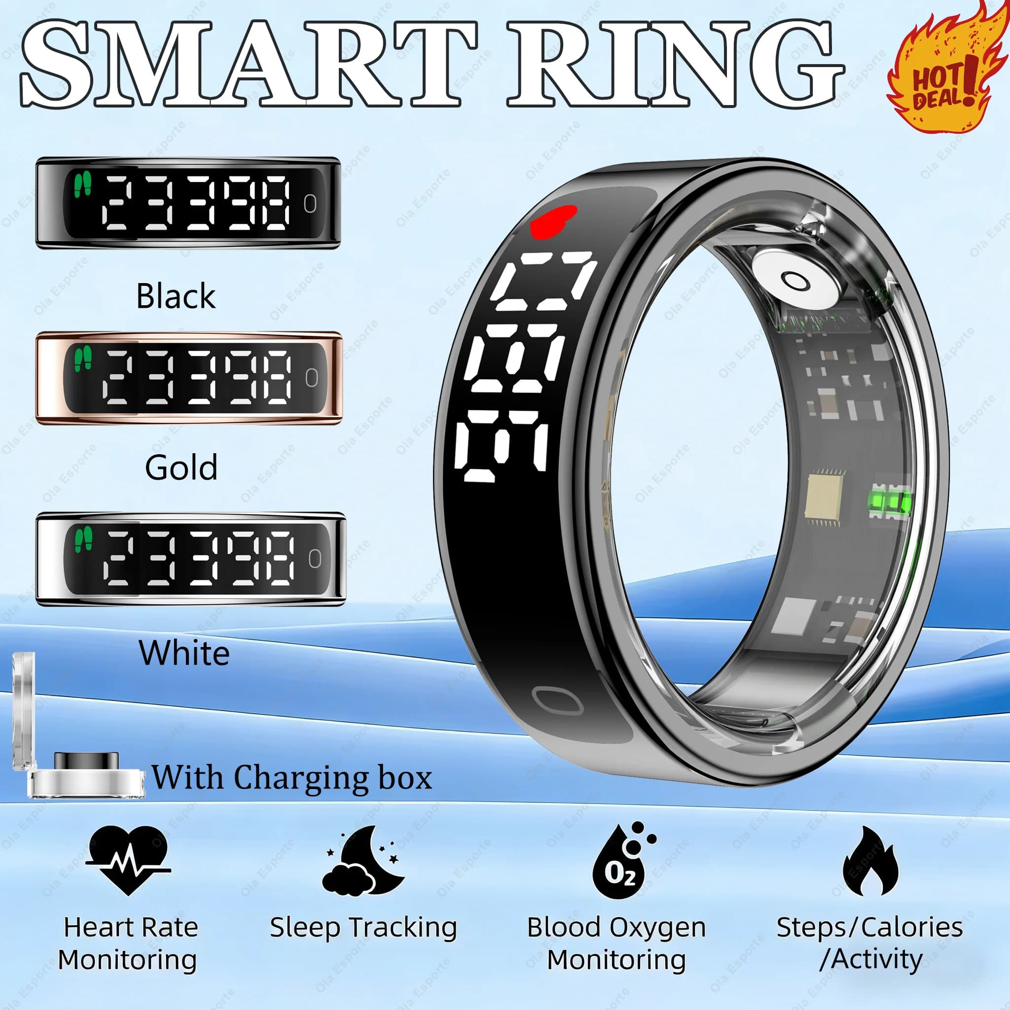 Anello Intelligente con Display per Uomo e Donna, Monitoraggio Salute, Frequenza Cardiaca, Sonno, Contapassi, Fotografia Remota