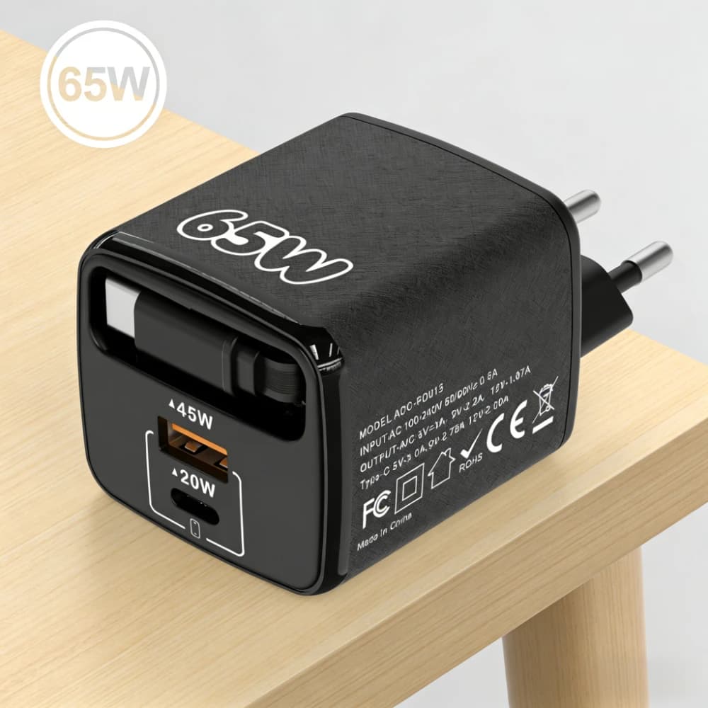 65W USB Type C Charger with EU/US/UK Plug, Quick Travel Wall Charger for iPhone, Xiaomi, Huawei
