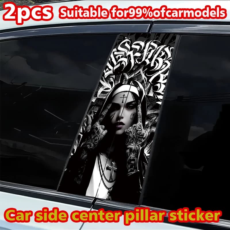 2 adesivi per montante B dell'auto, adesivi personalizzati con immagine di una suora tatuata, resistenti ai graffi