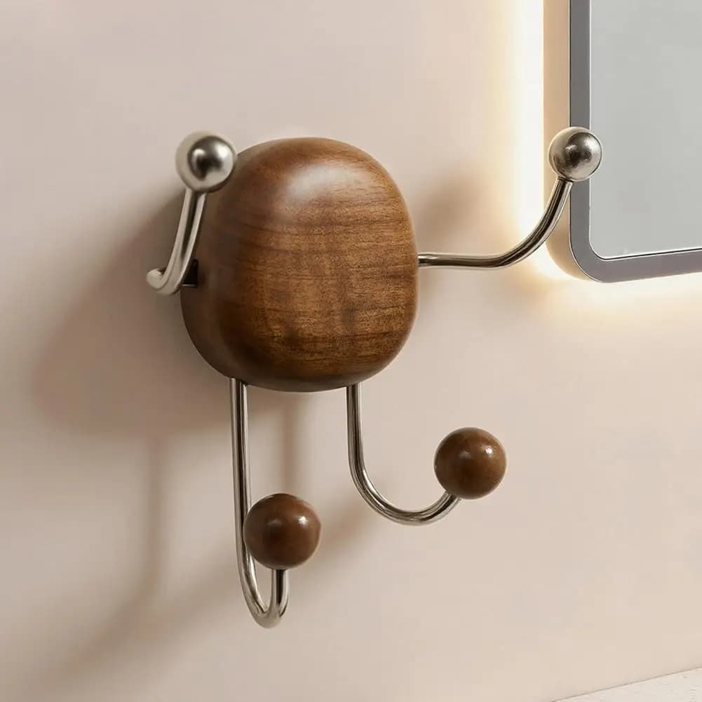 Gancio Rustico a Ventosa con 4 Ganci, Organizzatore da Parete in Legno con Ganci in Acciaio Inossidabile per Ingresso, Camera da Letto