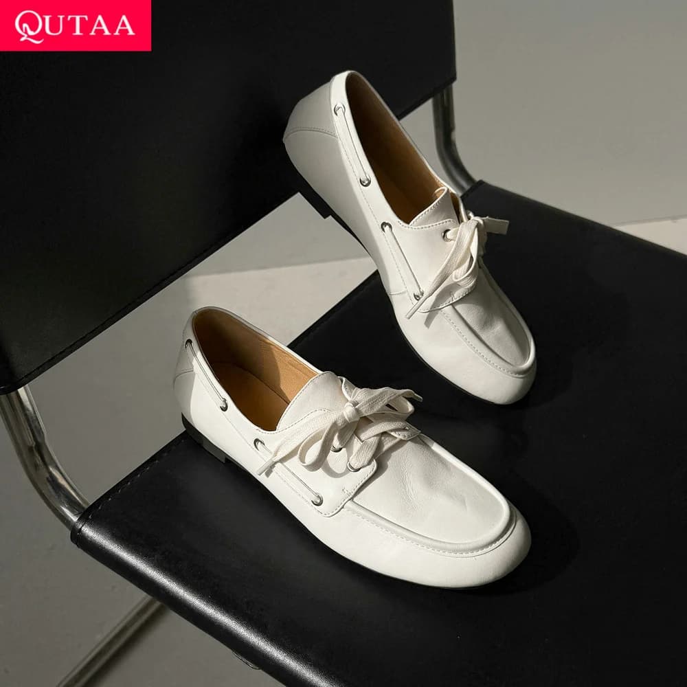 QUTAA 2026 Nuove Scarpe Basse da Donna in Vera Pelle Mocassini Casual con Lacci Primavera Autunno Punta Tonda Eleganti da Donna 34-40