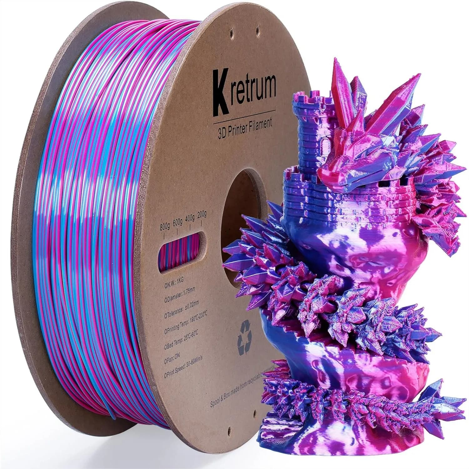 Filamento per Stampante 3D in PLA Seta Bicolore 1.75mm, Viola e Blu con Effetto Cambio Colore, 1kg/2.2lbs