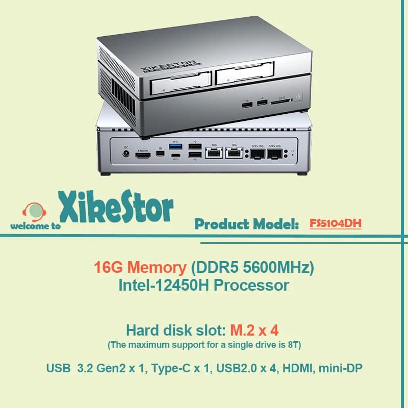 XikeStor 10G Private Cloud Storage NAS Server 16G di Memoria (DDR5 5600MHz) M.2 x 4 Processore Intel-12450H All-in-1 10G RJ45 e SFP+