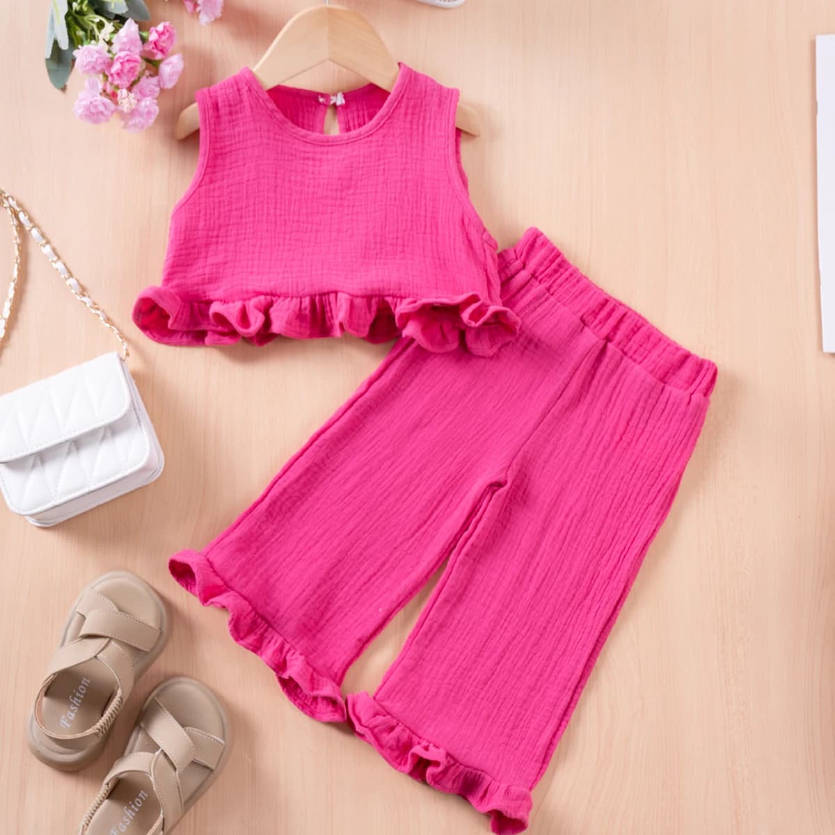 Set da 2 pezzi per bambina, set estivo per bambina, top con bordo arricciato in tinta unita + pantaloni lunghi con bordo arricciato, per l'uso quotidiano o per feste di compleanno