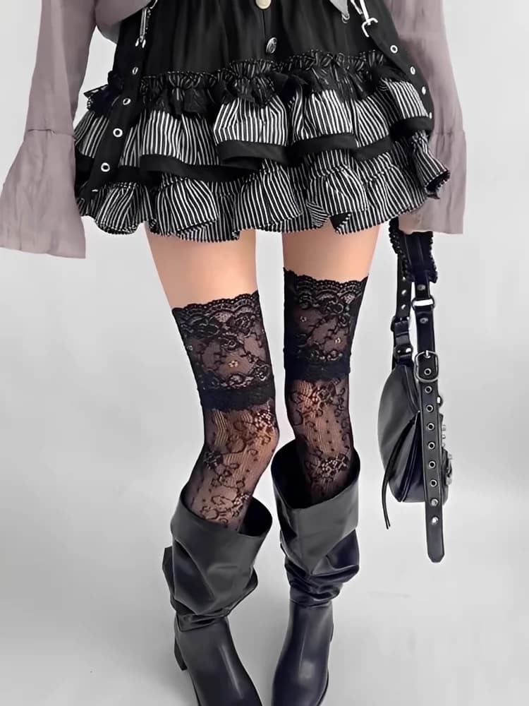 Hot Women's Net Socks in Floral Lace, Breathable Ginocchio Socks, JK Lolita Retro Network Socks, Ginocchio Socks/High Chest