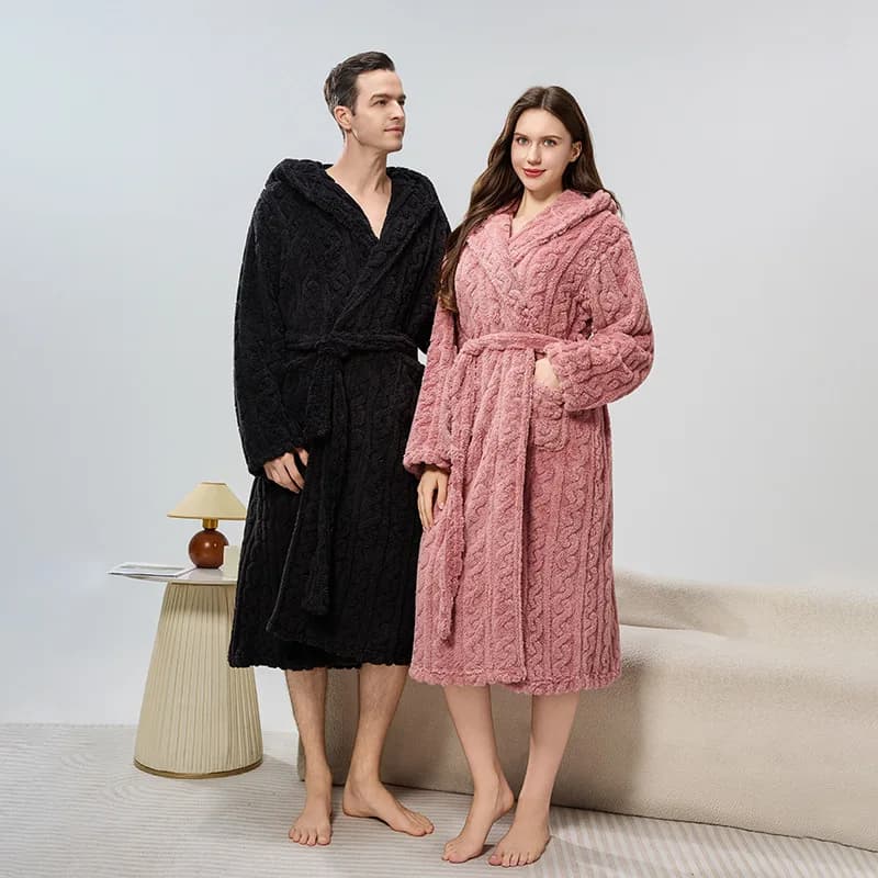 Casual Robe Uomo Coppia Indumenti da notte Accappatoio in pile Inverno Notte Indossa Cintura Pigiama caldo Camicia da notte di un pezzo Tasca solida Homewear