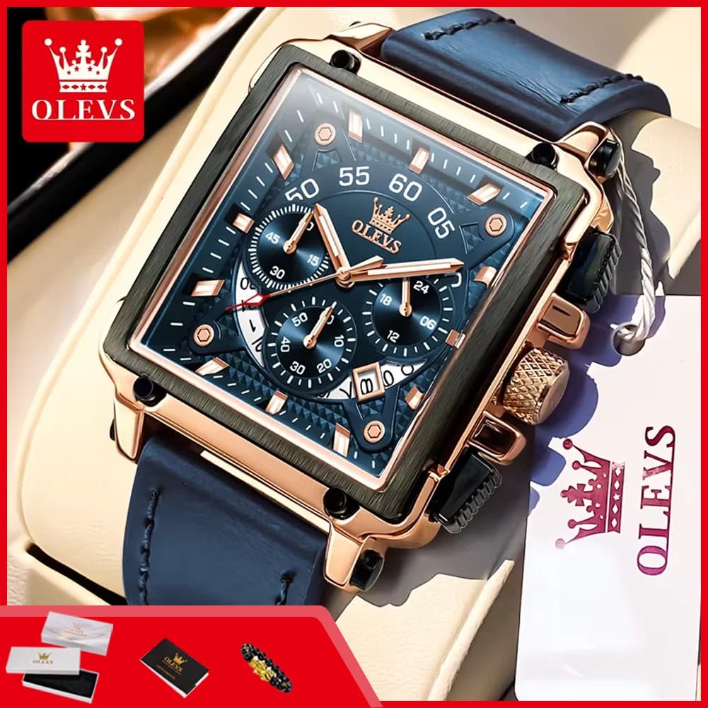 OLEVS 9919 men's watches, 45 mm, large square dial, leather strap, chronograph, waterproof, luxury original quartz wristwatch