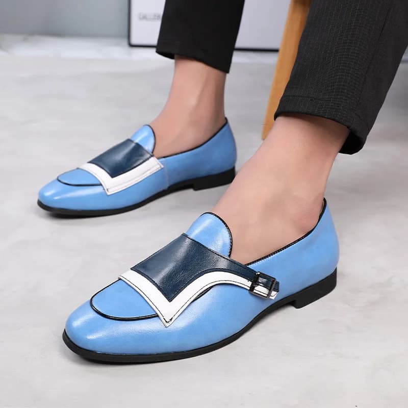 Designer di lusso New Monk Strap scarpe Oxford blu e bianche per uomo abito da ballo formale da sposa Homecoming Sapatos Tenis Masculino