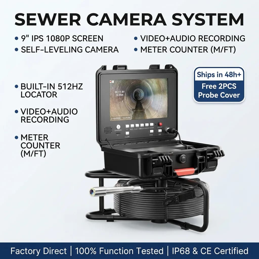 Telecamera per Ispezione Tubi Fognari con Schermo IPS 9" 1080P, Autolivellante, Localizzatore +512HZ, Registrazione Video+Audio e Contatore Metrico
