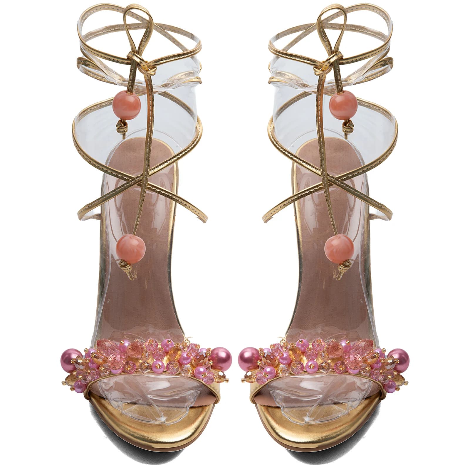 Pink Beads Rhinestone Embellished Lace Up Sandals Women Open Toe Stiletto High Heels Ankle Strap Wedding Party Dress Shoes