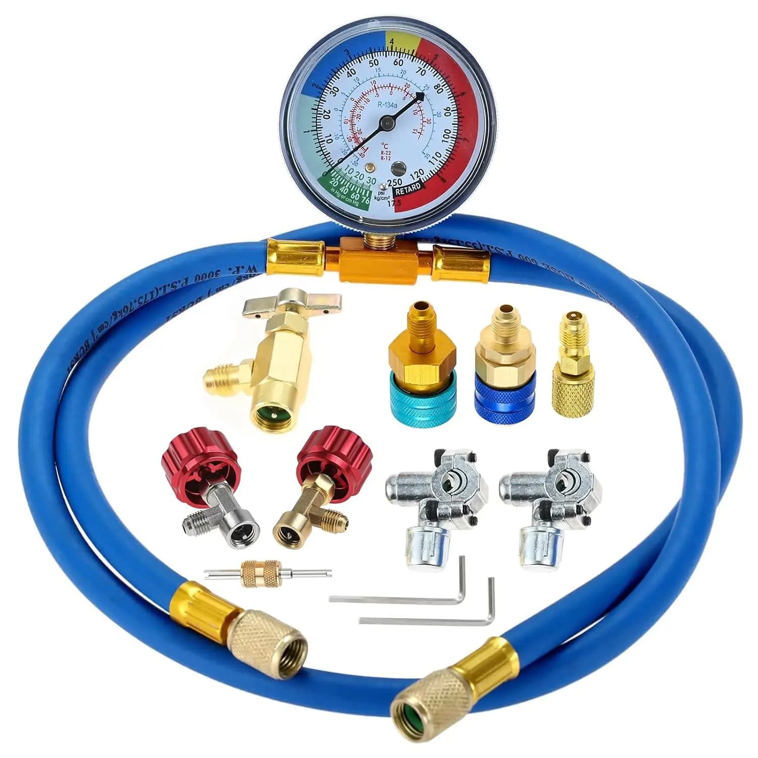 R12 R22 AC Refrigerant Recharge Hose with Gauge and BPV31 Bullet Piercing Tap Valve,Can Tap,R134a R1234yf Low Side Quick Coupler