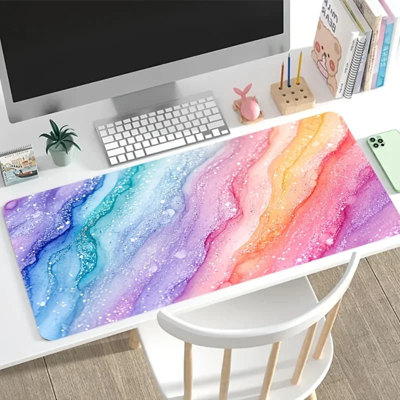 Vibrant Rainbow Glitter Marble Large Mouse Pad Non-Slip Extended Desk Mat for Gaming Office Laptop and Workstation Setup