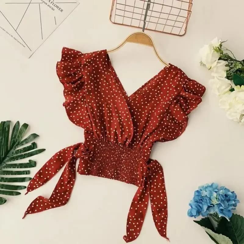 Women's gown with polka dot print in Chiffon with V-neck Sexy Chic with flying sleeves Korean shirt women's fashion clothing top 2024