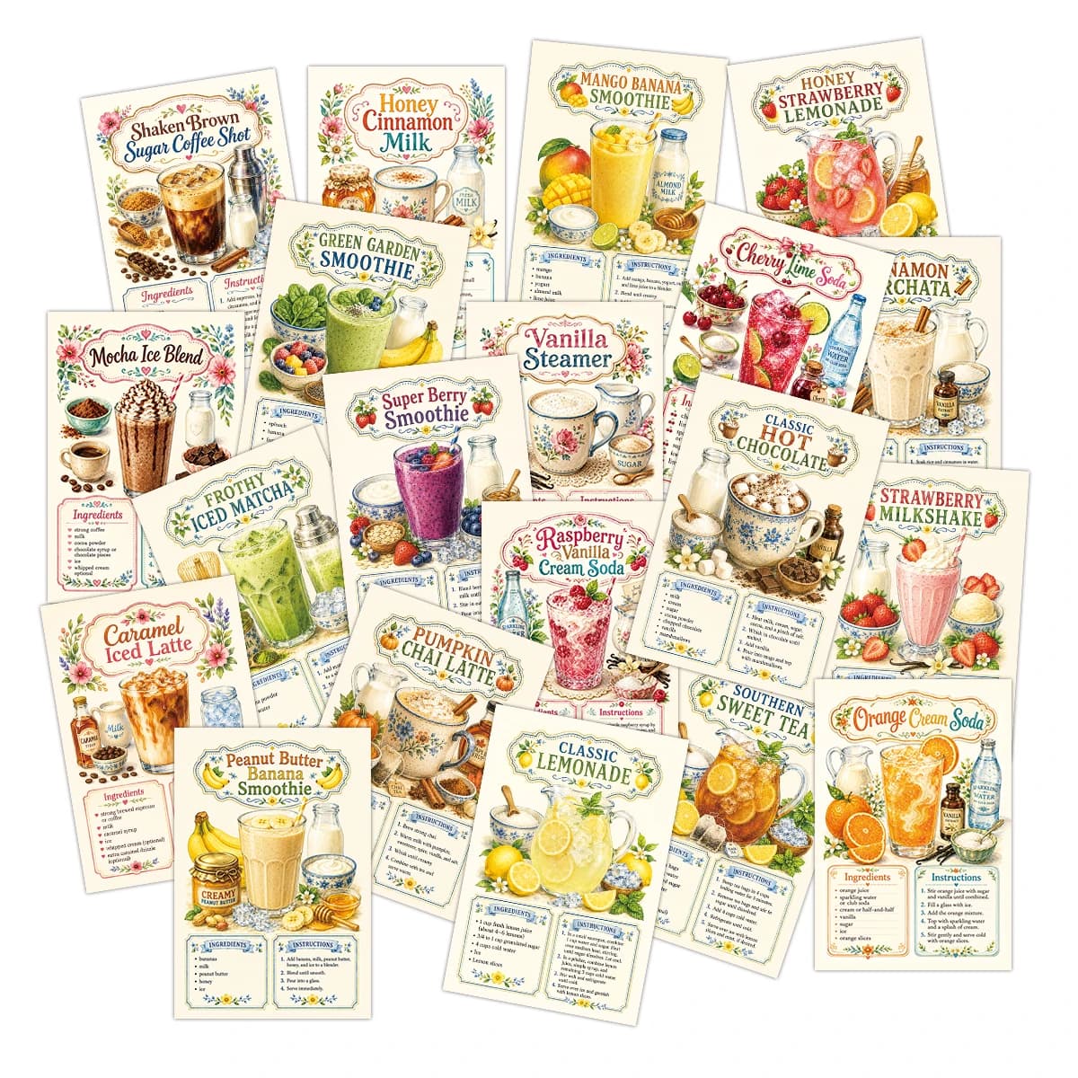 20pcs New Drink Recipe Postcards,Decorative Classic Beverages Menu Card For Home Kitchen,Cafe,Bar Wall Art,Food Party Gift Decor