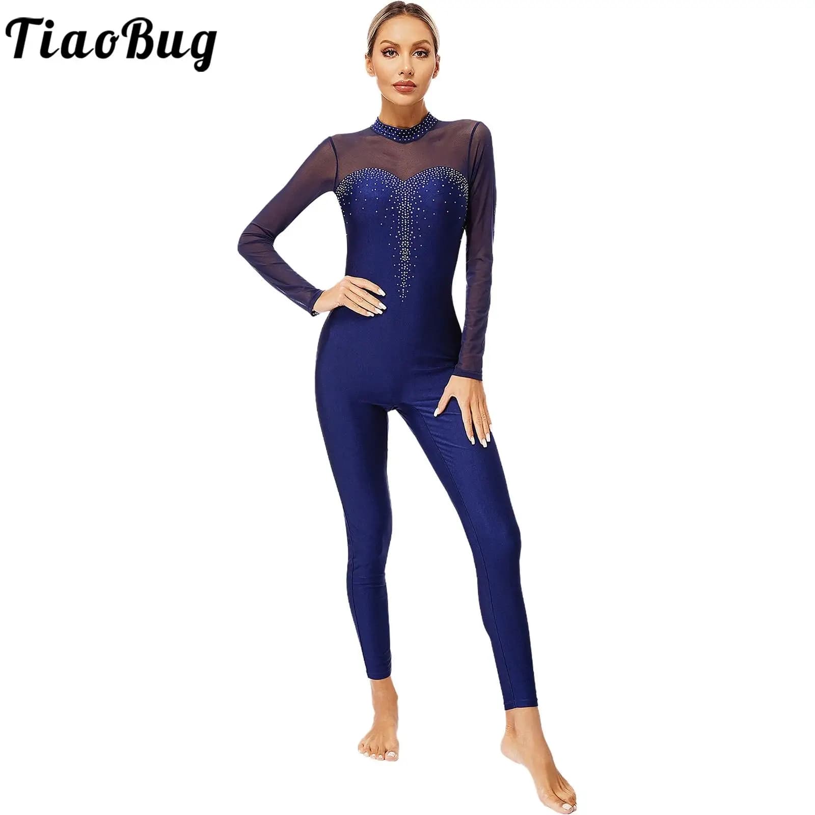 Tuta da ginnastica per tutto il corpo da donna Maglia con strass Maglia trasparente Tuta da pattinaggio di figura Abbigliamento da ballo per performance di balletto
