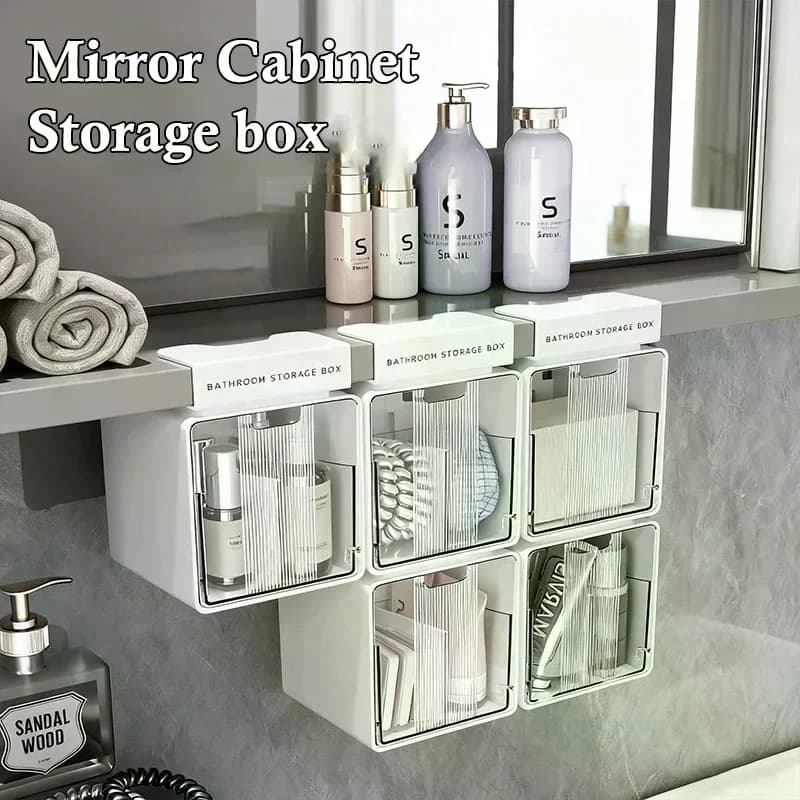 Scatola portaoggetti trasparente per bagno, per bastoncini di cotone e dischetti struccanti, con cassetto estraibile, da posizionare sotto il mobiletto a specchio