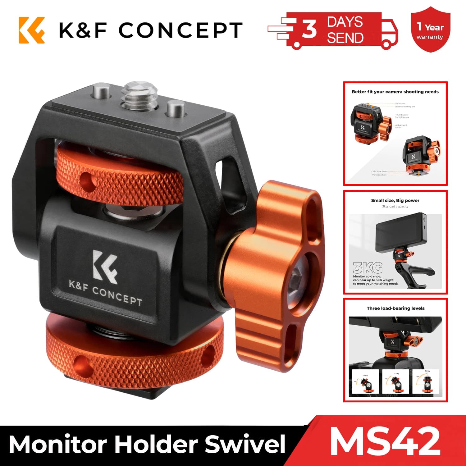 Support for K&F CONCEPT Flexible Field Monitor with 3kg Load, Adjustable Adapter Removable and Inclinable with Cold Shoe Attack