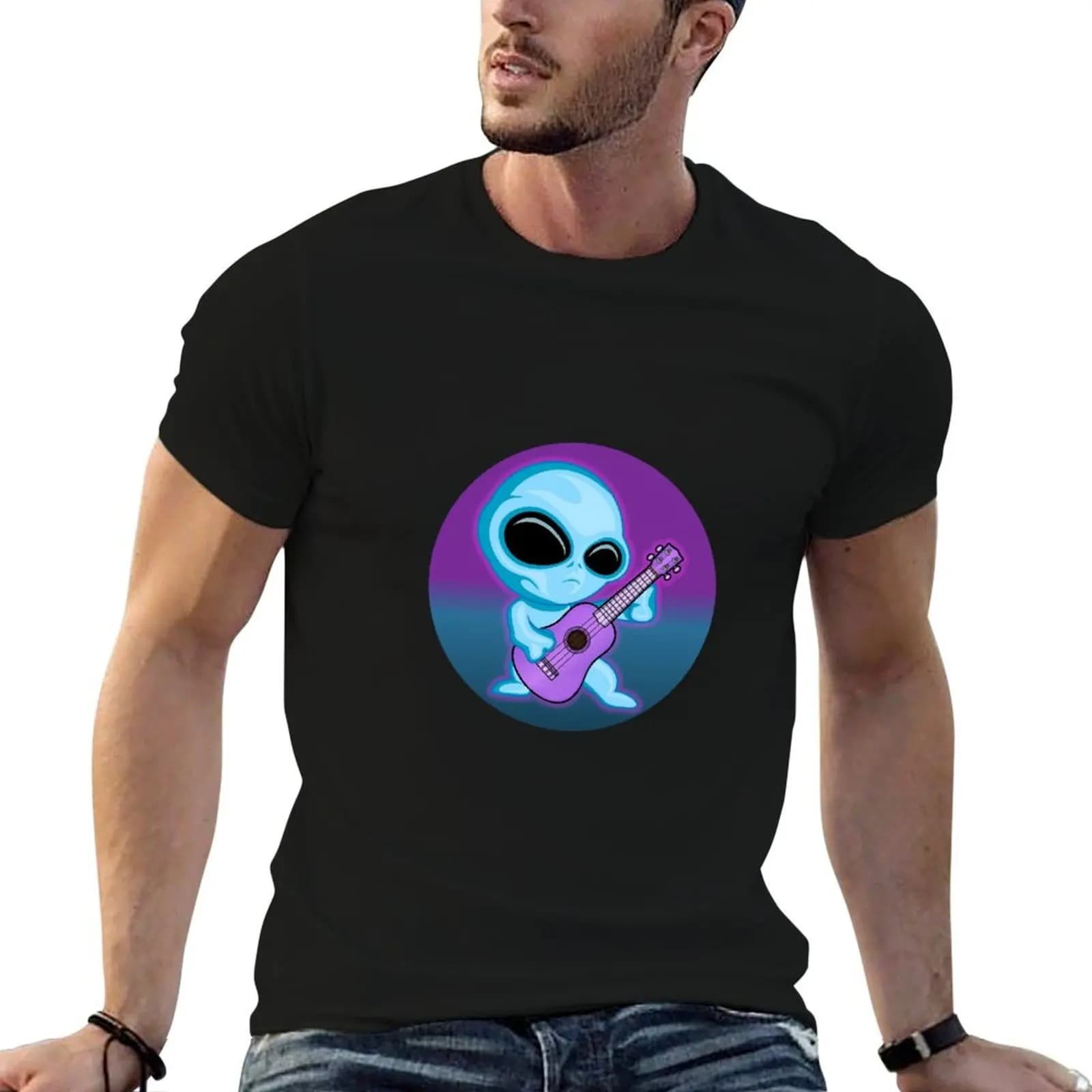 T-shirt con adesivo Ukulaliens Ukulele Club, t-shirt grafica da uomo, t-shirt grafiche per uomo, t-shirt stampate per uomo