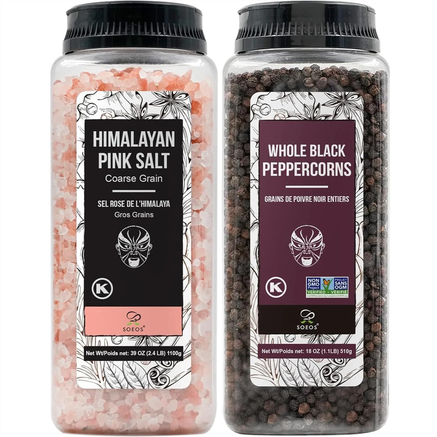 Set di Sale Rosa dell'Himalaya e Pepe Nero Intero, Sale Kosher a Grana Grossa per Ricarica Macinino, Spezia Verificata Non-OGM