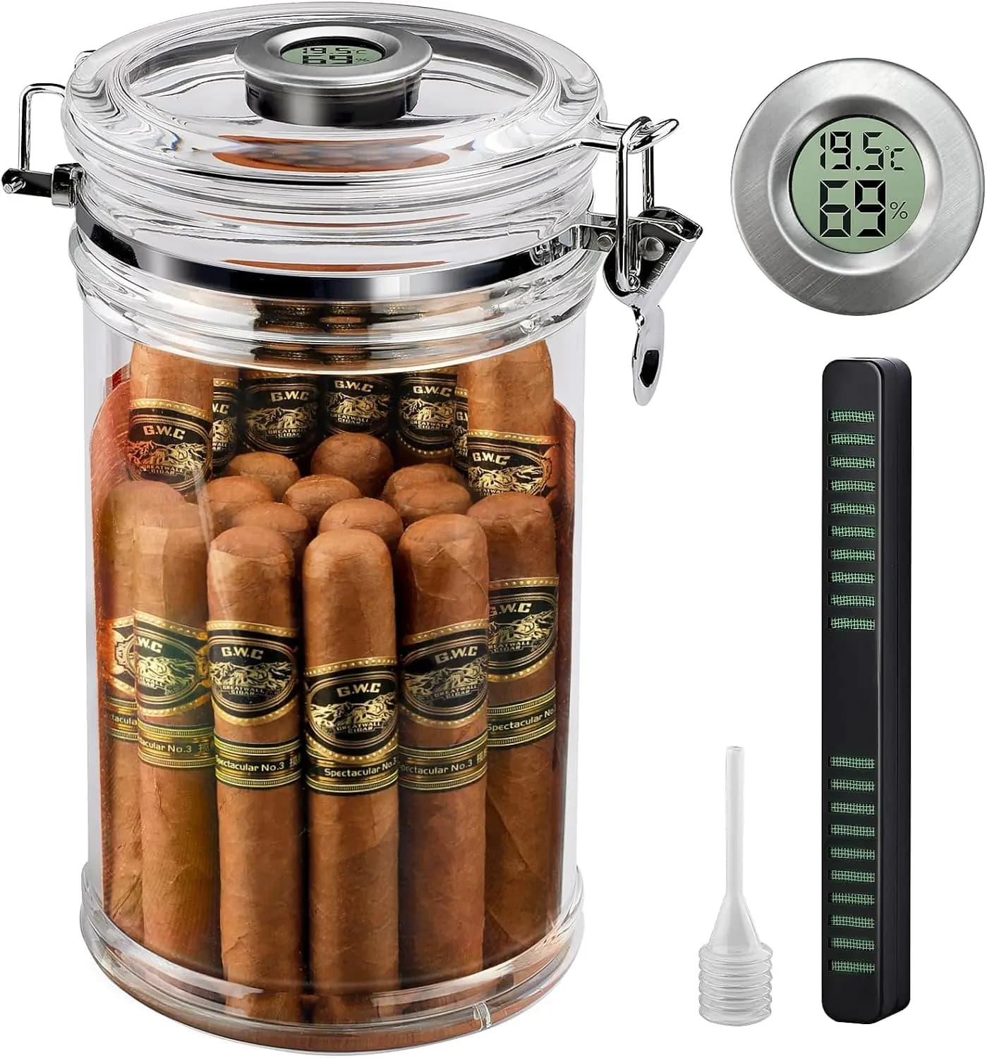 Acrylic Humidor Jar with Digital Hygrometer, Tall Design for 15-20 Cigars, Portable Travel Humidor with Humidifier & Cedar Wood Veneer