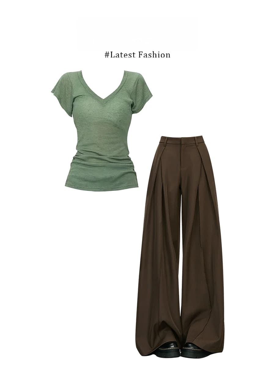 Set Estivo da Donna Parkyeon: T-Shirt Premium Stile Coreano con Scollo a V e Maniche Corte, Abbinato a Pantaloni Casual