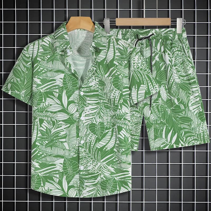 Youthful seaside beach calligraphy plants 3D Print shirt +Shorts Short Sleeve Flip collar shirts half pants Two Piece Set