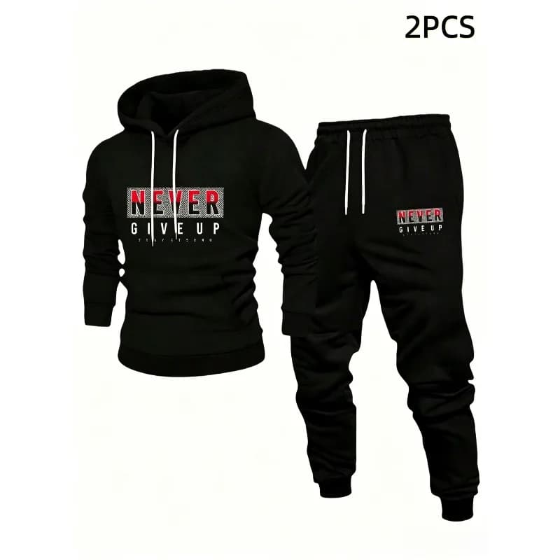 NEVER GIVE UP Alphabet Fashion Printed Set Men's Loose Hooded Hoodie Sweatpants Street Sports Two Piece Set