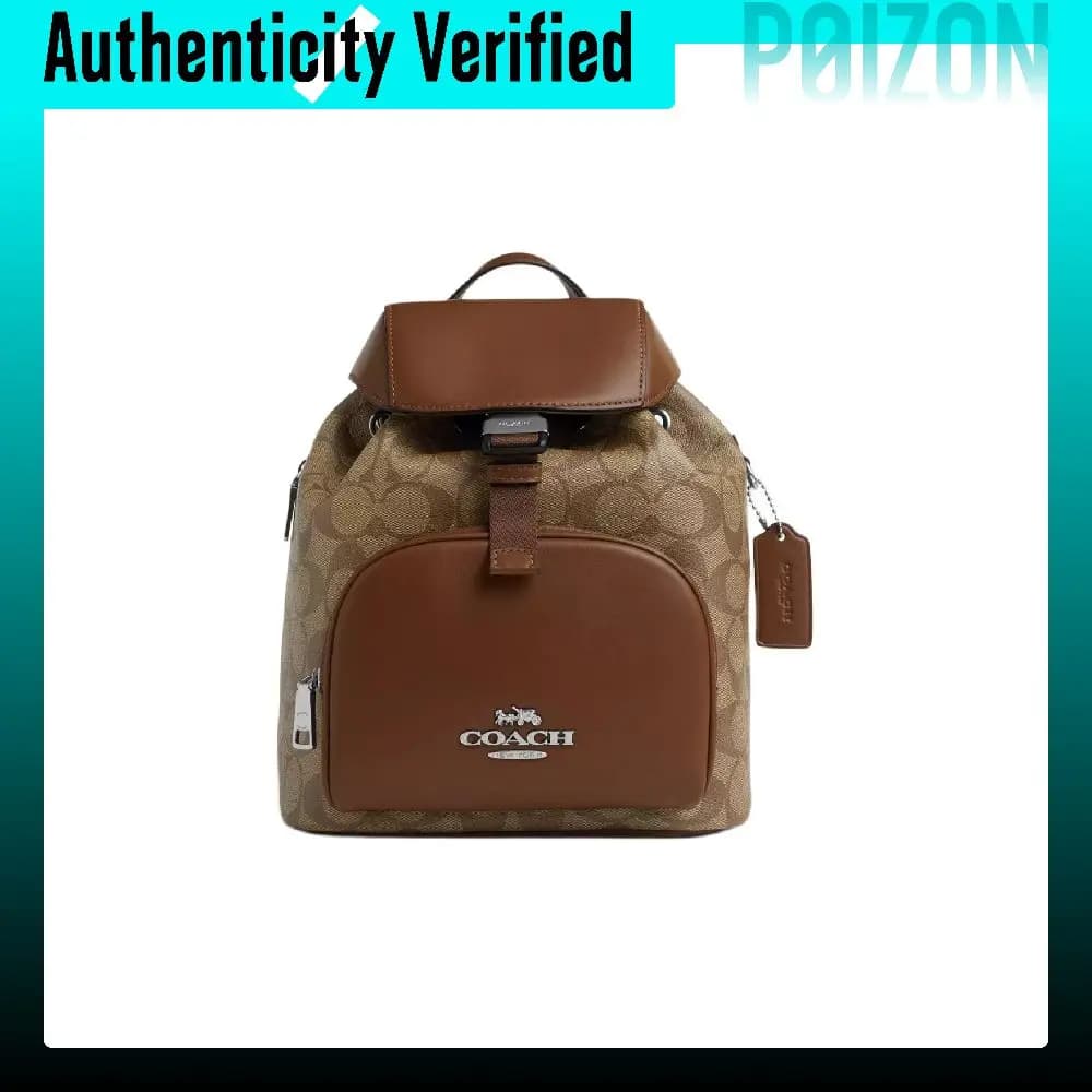 COACH PACE Coated Canvas With Refined Calfskin Backpack Small Women's Khaki & Saddle CR130-SVWQ3