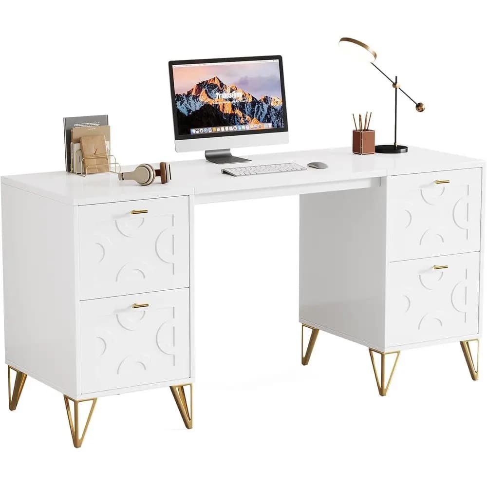 Scrivania elegante da ufficio da 59'' con contenitore, gambe dorate - Perfetta per lavoro, studio, camera da letto, soggiorno