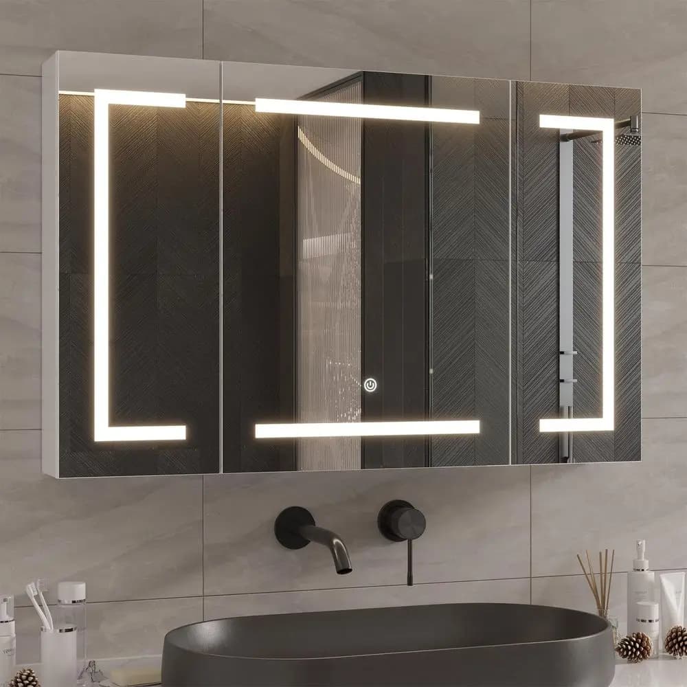 Armadietto per medicinali con specchio e luce LED, specchio da bagno a parete con vano portaoggetti, mobiletto da bagno a 3 ante, Memory Di
