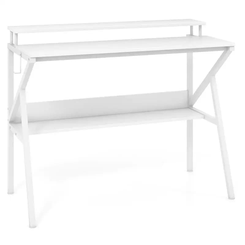 Space Saving Computer Desk with Monitor Stand and Extra Storage Shelf for Work Study-White