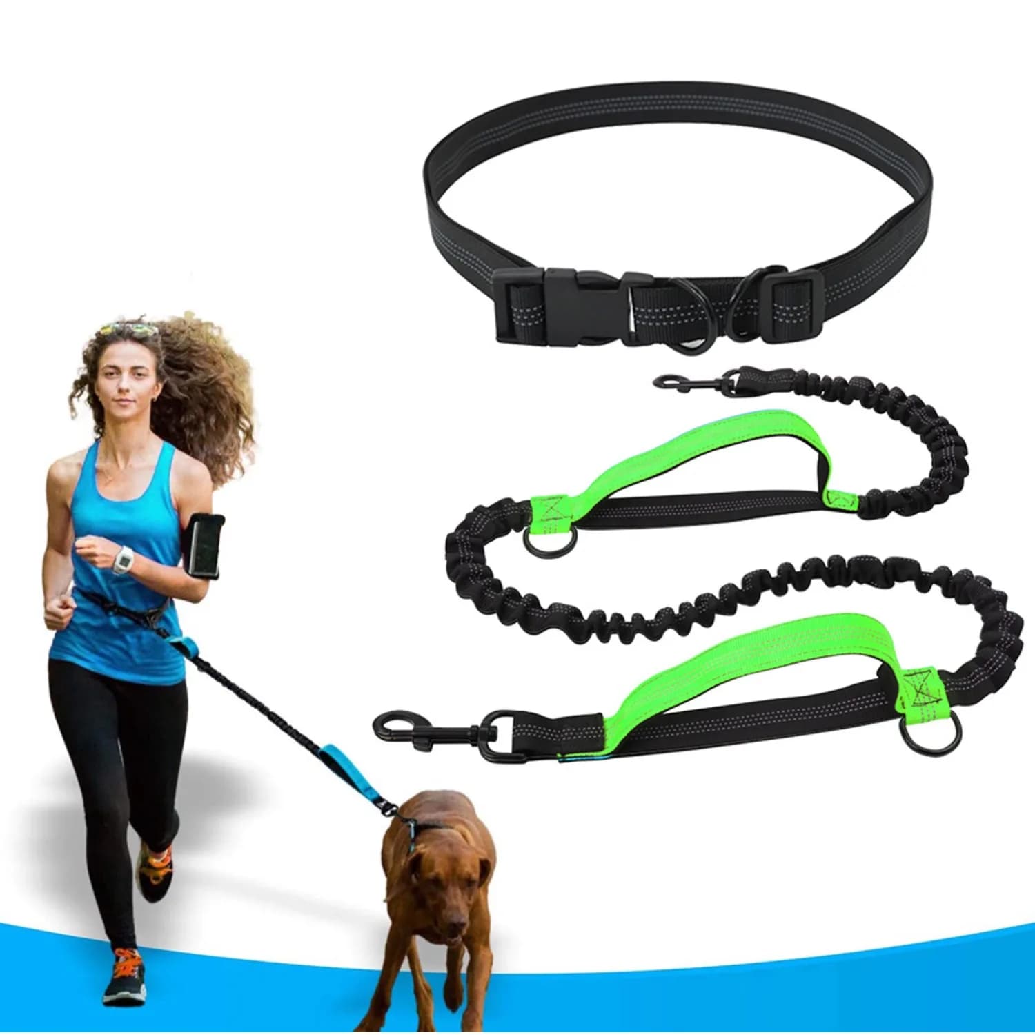 Leash for Free Hand Dogs with Belt, Nylon Race Grip with Double Handle, Anti-Traction Elastic Corda for Foreigners